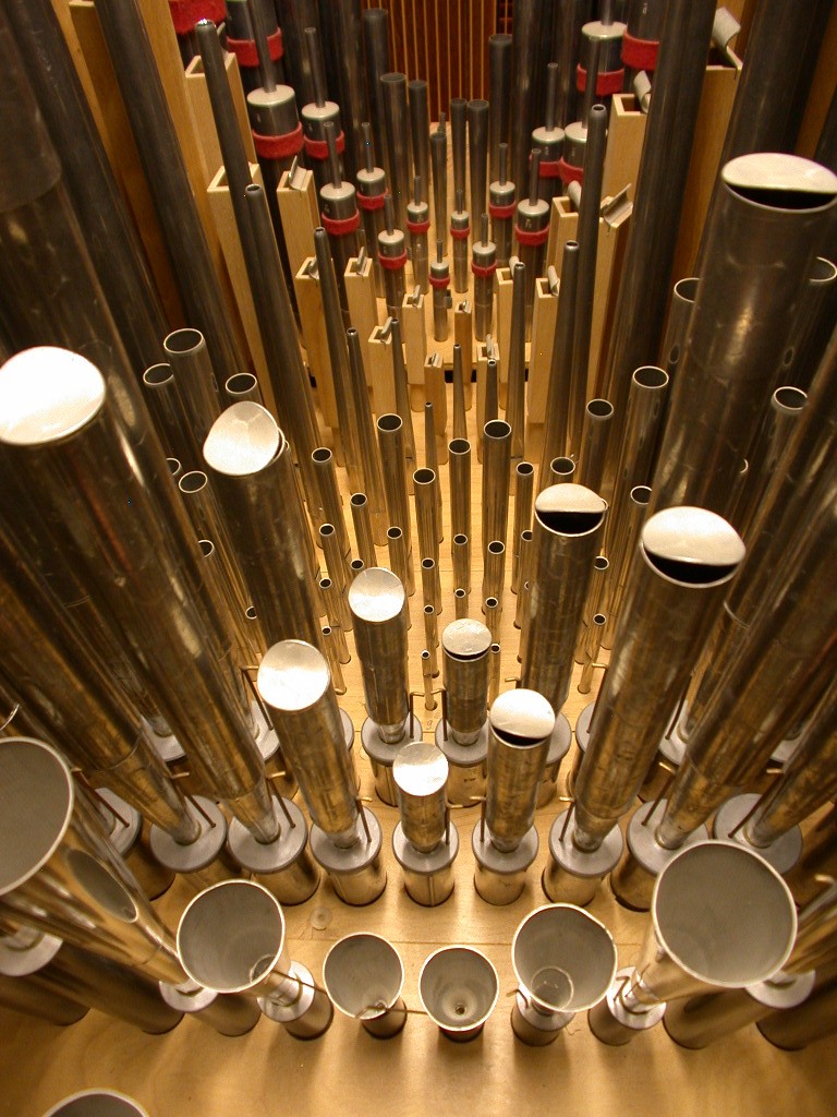 Swell pipework, First Presbyterian Church, Wooster, OH courtesy OHS Pipe Organ Database/Eric J Gastier