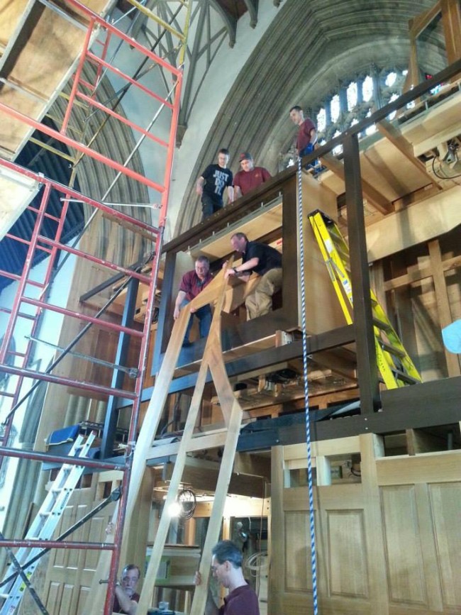 One of the upper back case frames is sent up /Dobson Pipe Organ Builders