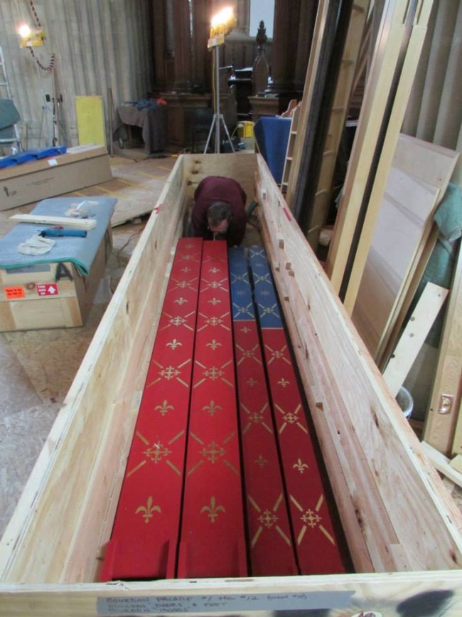 Foreman Dean Heim unpacks Great Bourdon pipes /Dobson Pipe Organ Builders